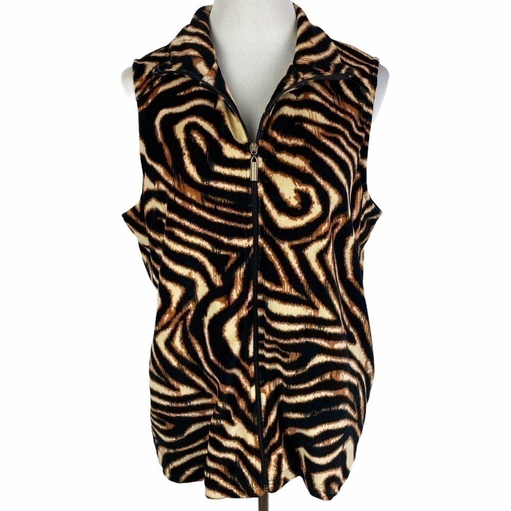 Mirror Image Cougar Animal Print Zip Up Fleece Vest Women's Large Brown Black‎